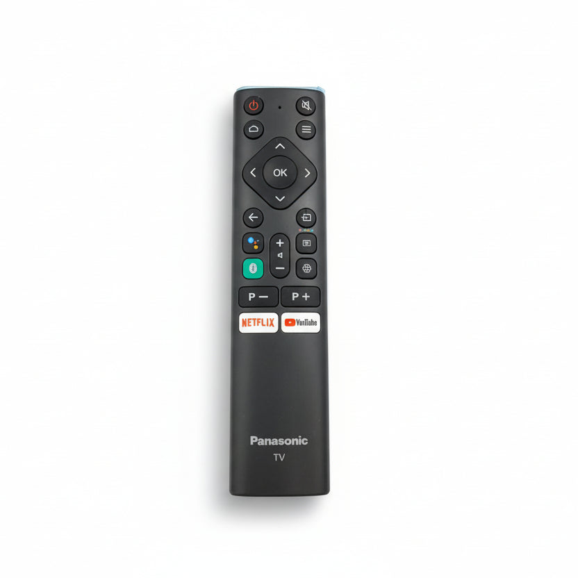 A black Panasonic television remote control with buttons and logos for Netflix and YouTube.